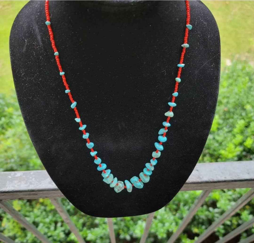 Navajo Made Turquoise & Red Seed Bead Necklace