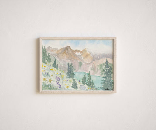 Blue Lakes Art Print with Wildflowers
