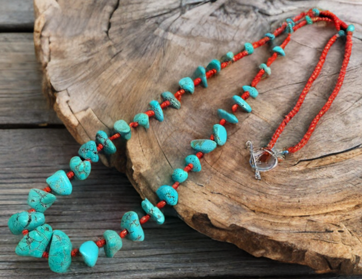 Navajo Made Turquoise & Red Seed Bead Necklace