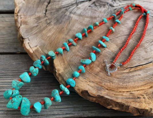 Navajo Made Turquoise & Red Seed Bead Necklace
