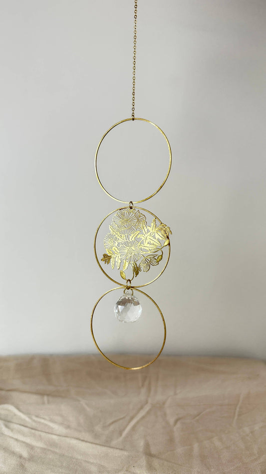 Floral Suncatcher, brass hoops, dainty flower wall hanging