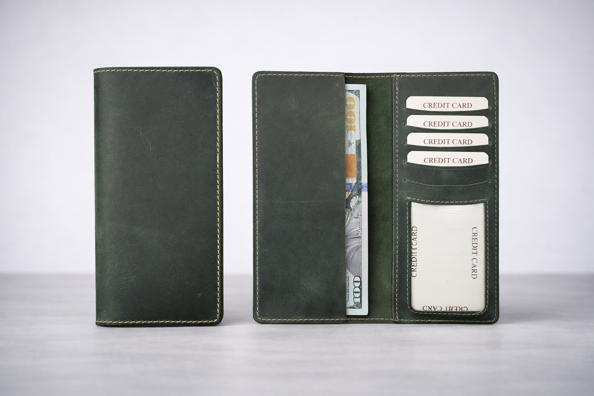 Genuine Leather Long Wallet Long Leather Bifold Wallet
