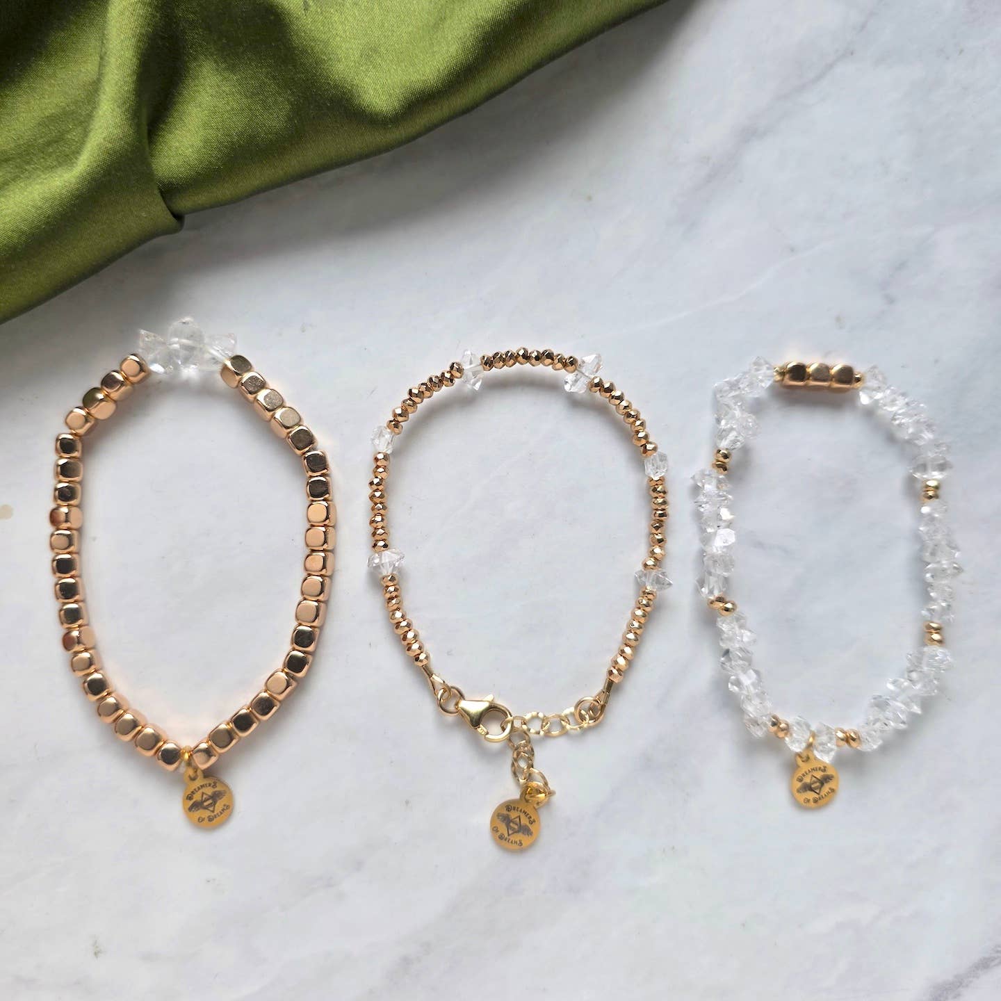 Diamond Quartz and Gold Bead Stretchy Bracelet