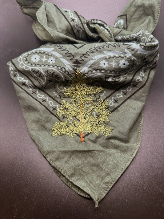 Green bandana with embroidered pine tree