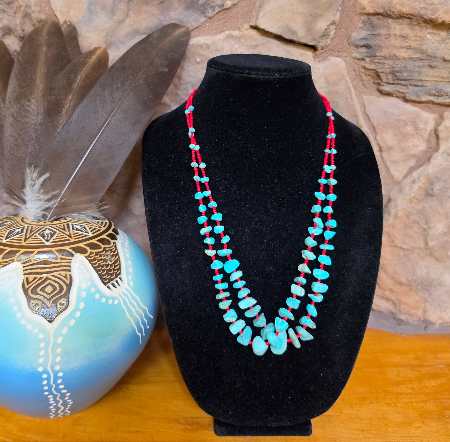Double Strand Turquoise & Red Seed Bead Necklace
