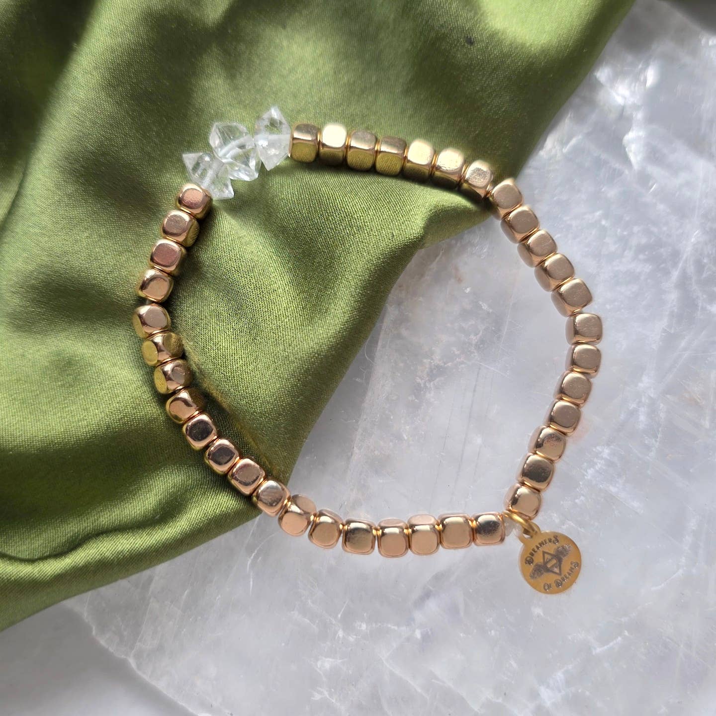 Diamond Quartz and Gold Bead Stretchy Bracelet
