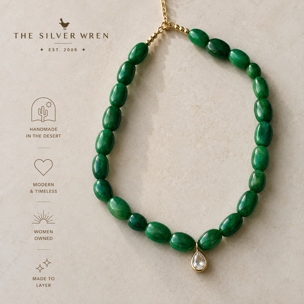 Jade Gemstone Beaded Necklace Teardrop Pendant, Gift for Her