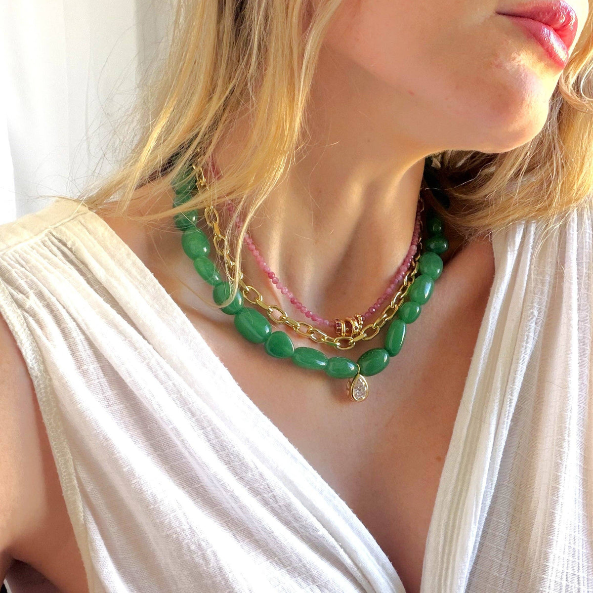 Jade Gemstone Beaded Necklace Teardrop Pendant, Gift for Her