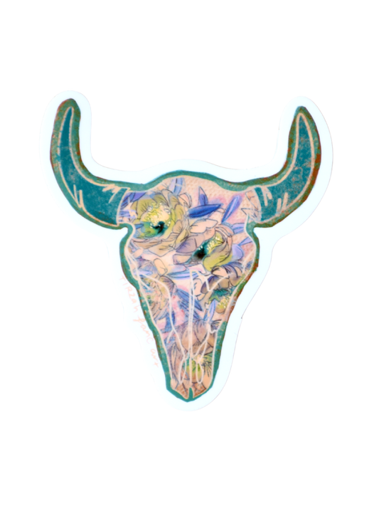Floral Turquoise Colorful Cow Skull Western Waterproof Sticker Stocking Stuffer