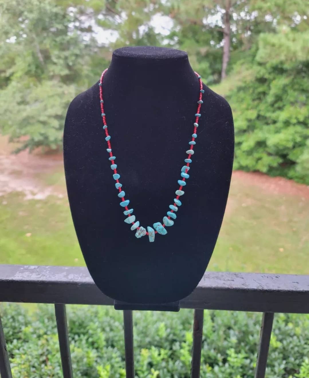 Navajo Made Turquoise & Red Seed Bead Necklace