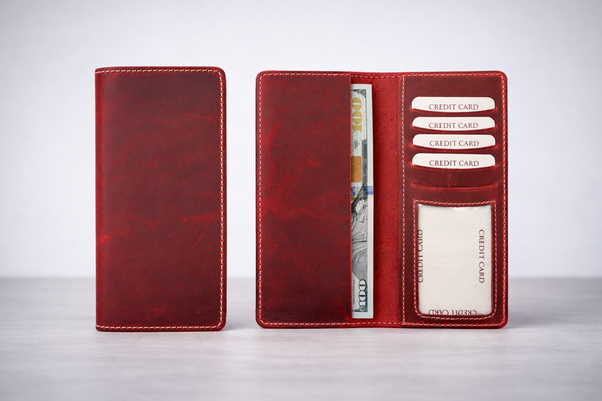 Genuine Leather Long Wallet Long Leather Bifold Wallet