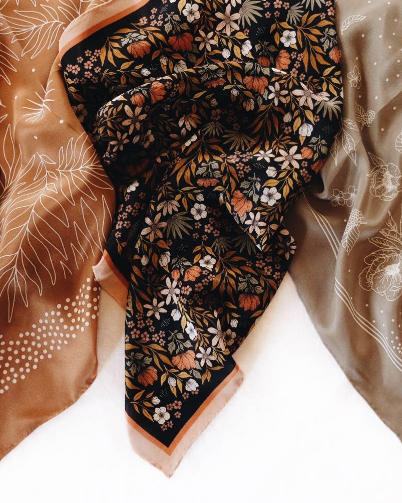 100% Silk Bandana Scarf -Midnight Garden Floral Western Wear