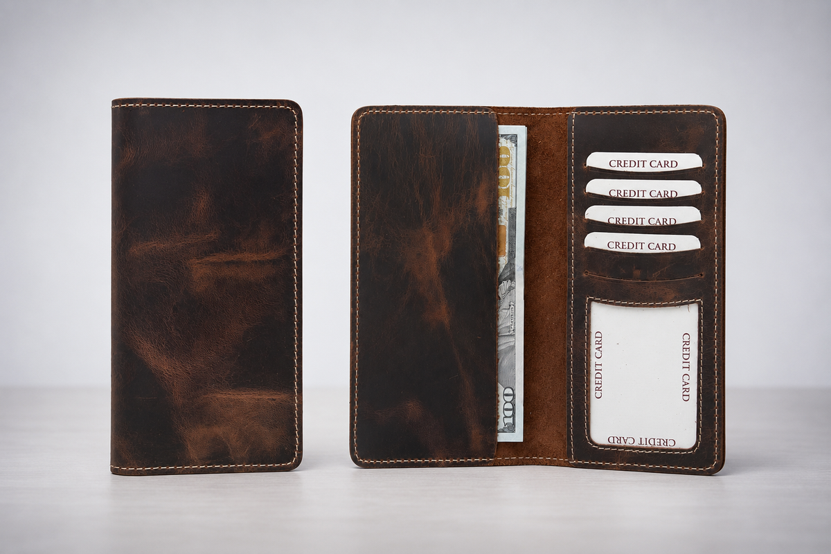 Genuine Leather Long Wallet Long Leather Bifold Wallet