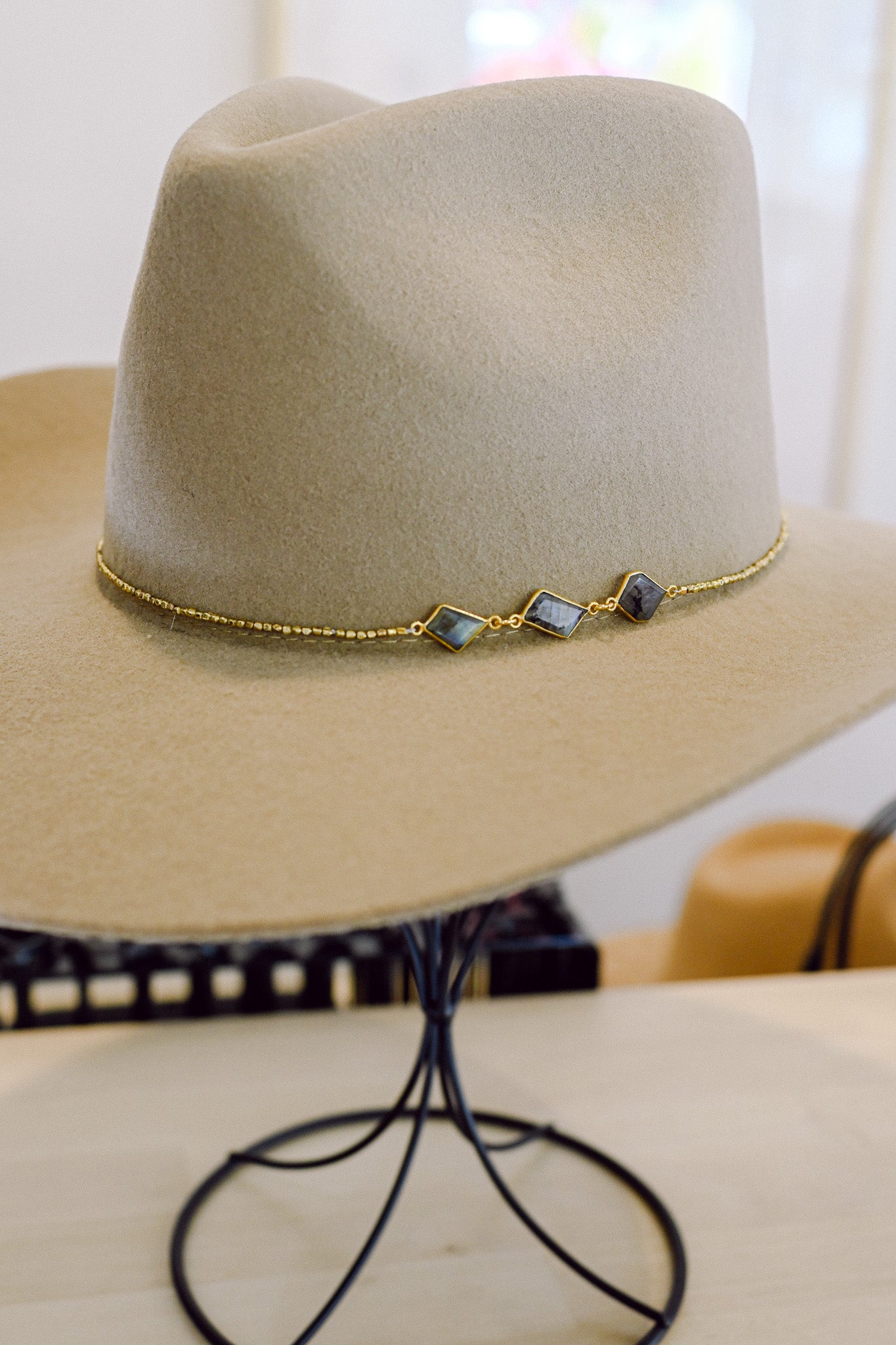 Three Bezel Labradorite with Brass Beads Hat Band