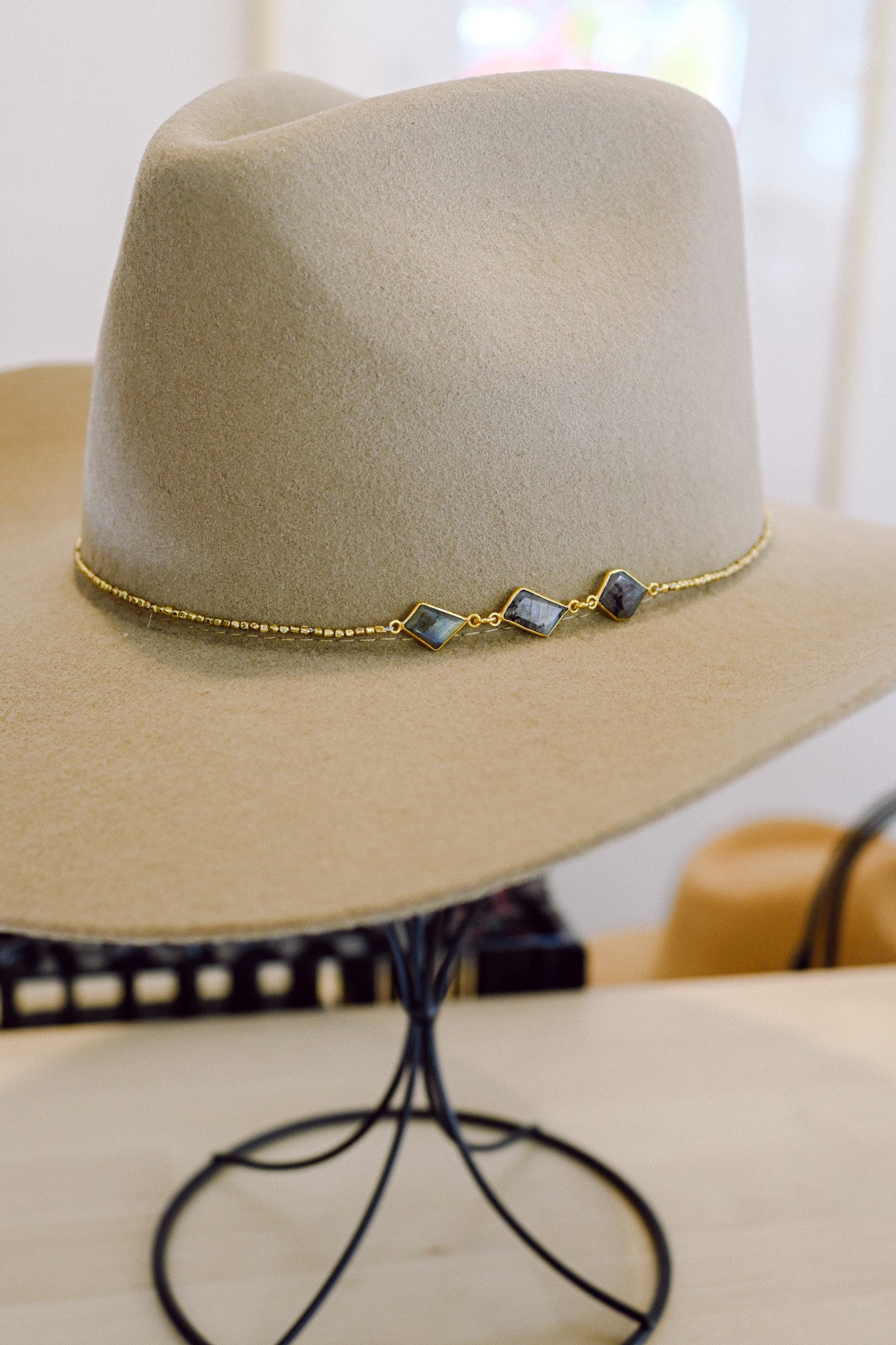 Three Bezel Labradorite with Brass Beads Hat Band