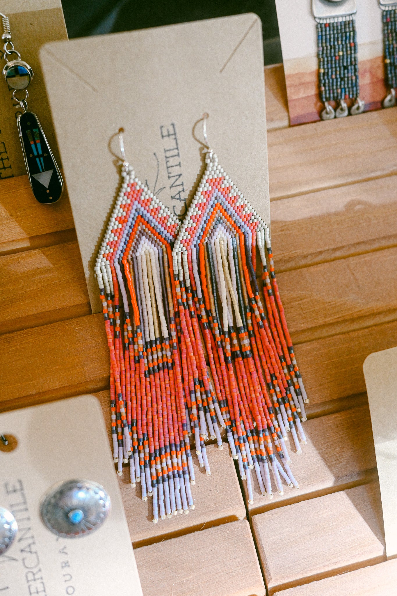 Red and Lavender Fringe Beaded Earrings