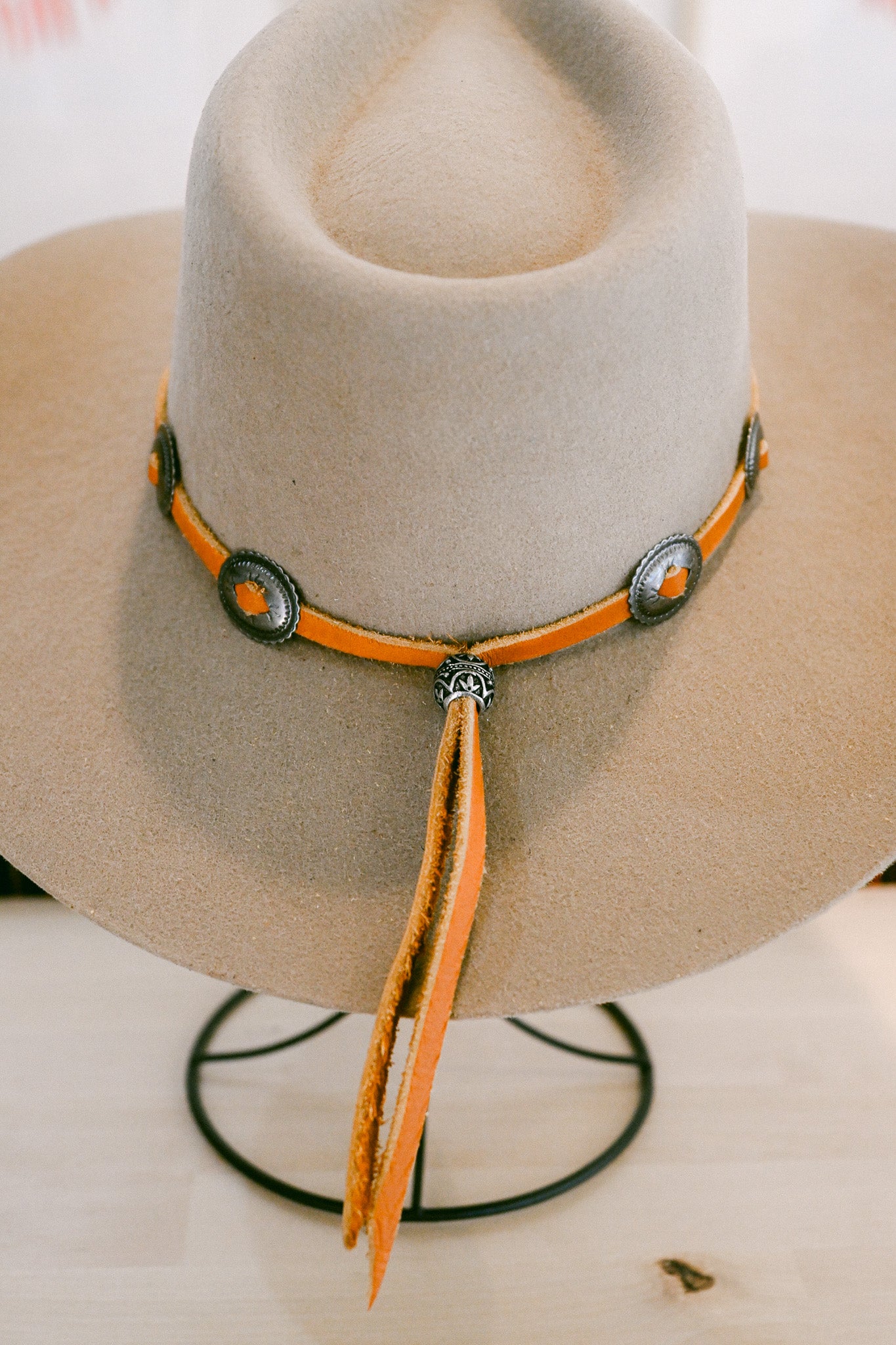 Deerskin Leather Hat Band with Conchos and Bolo Slide