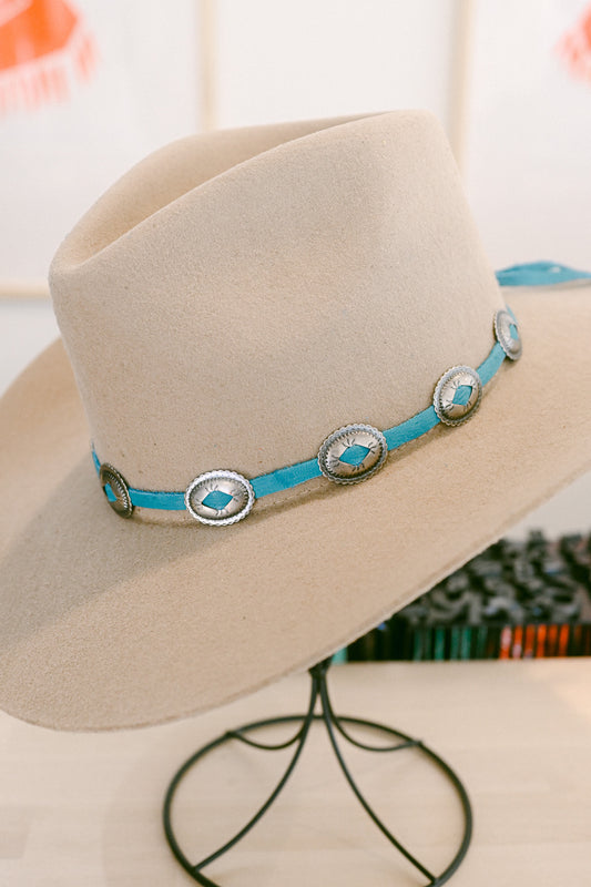 Deerskin Leather Hat Band with Conchos and Bolo Slide