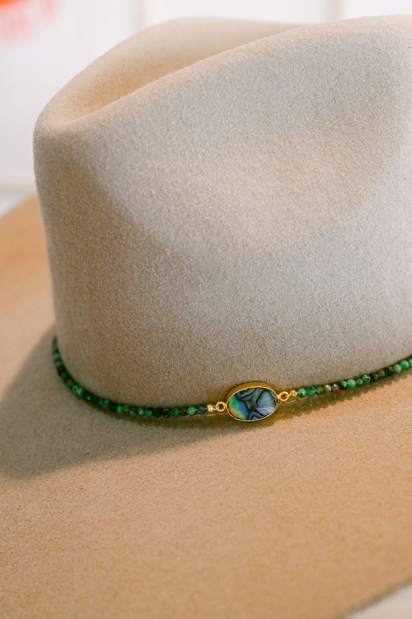Abalone Shell with Fuchsite Ruby Beaded Hat Band