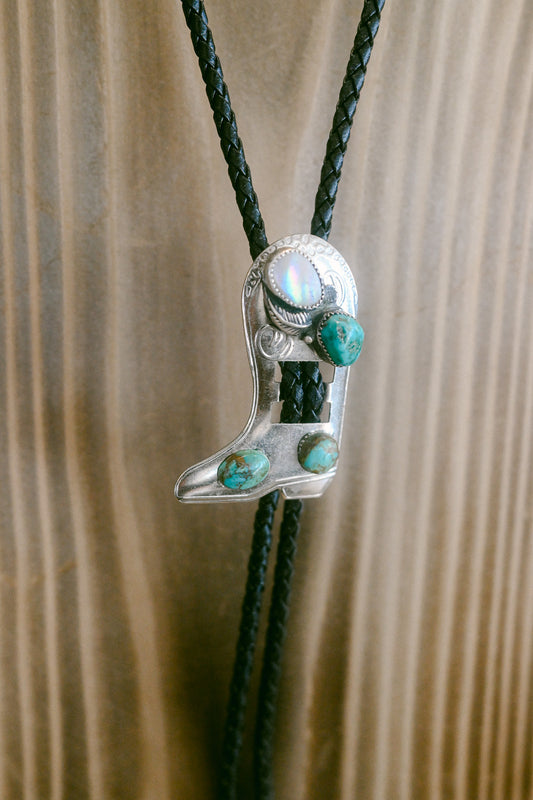 Vintage Turquoise and Mother of Pearl Cowboy Boot Bolo