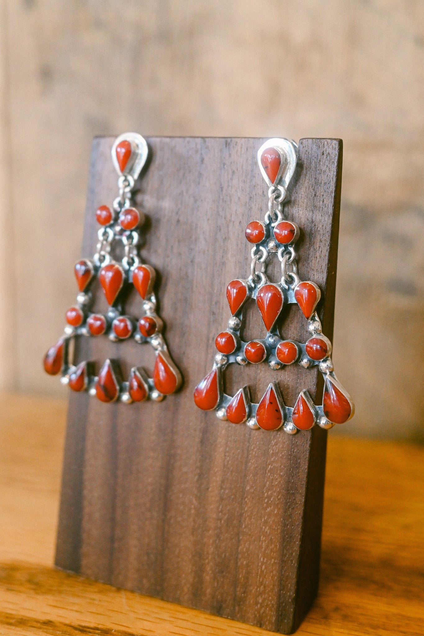 Coral Three Row Chandelier Sterling Silver Earring