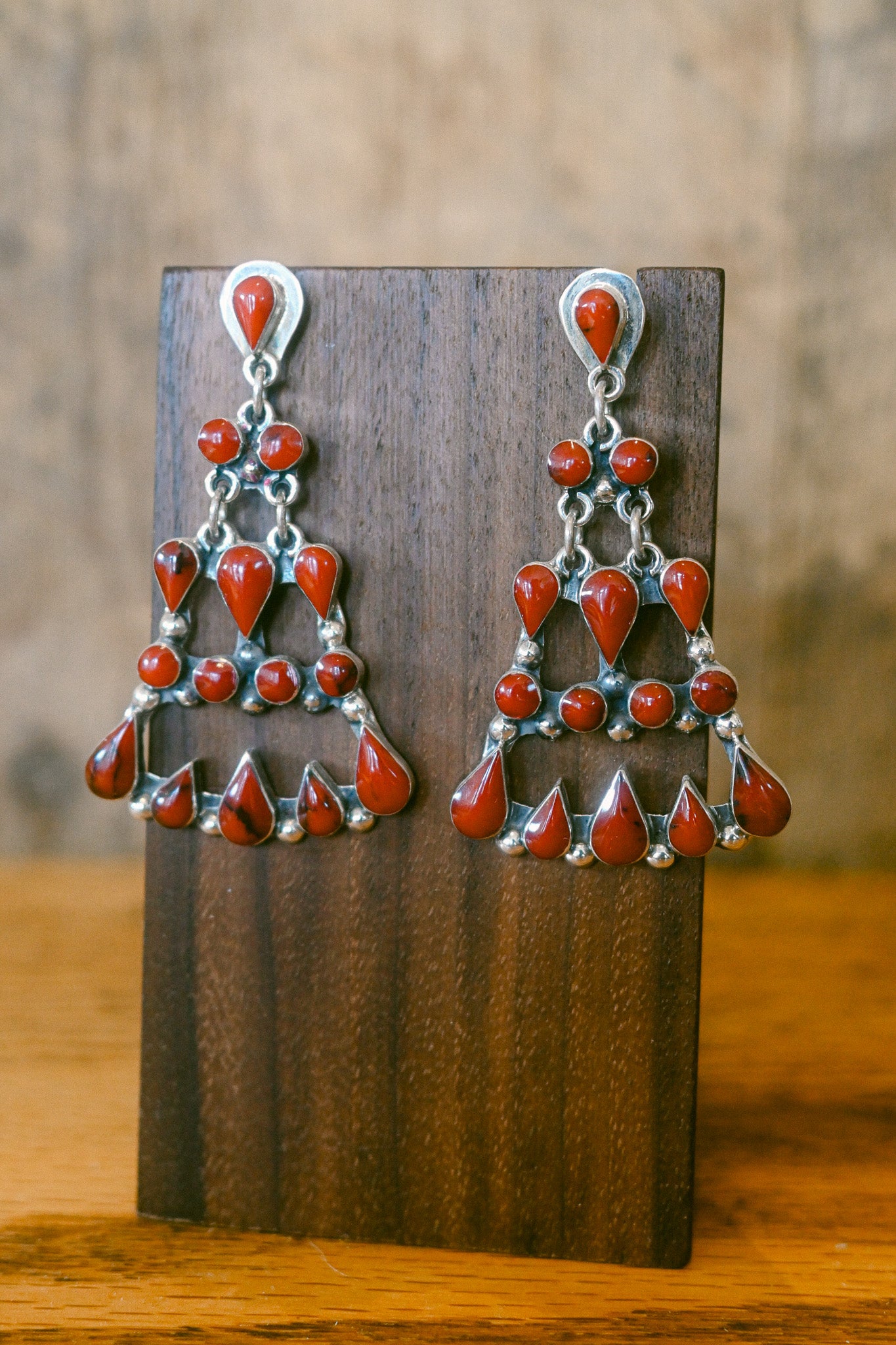 Coral Three Row Chandelier Sterling Silver Earring