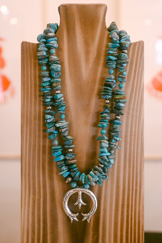 Sterling Silver Naja Necklace with Two Turquoise Strands