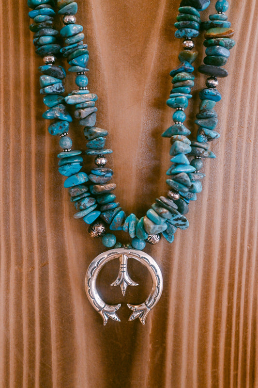 Sterling Silver Naja Necklace with Two Turquoise Strands