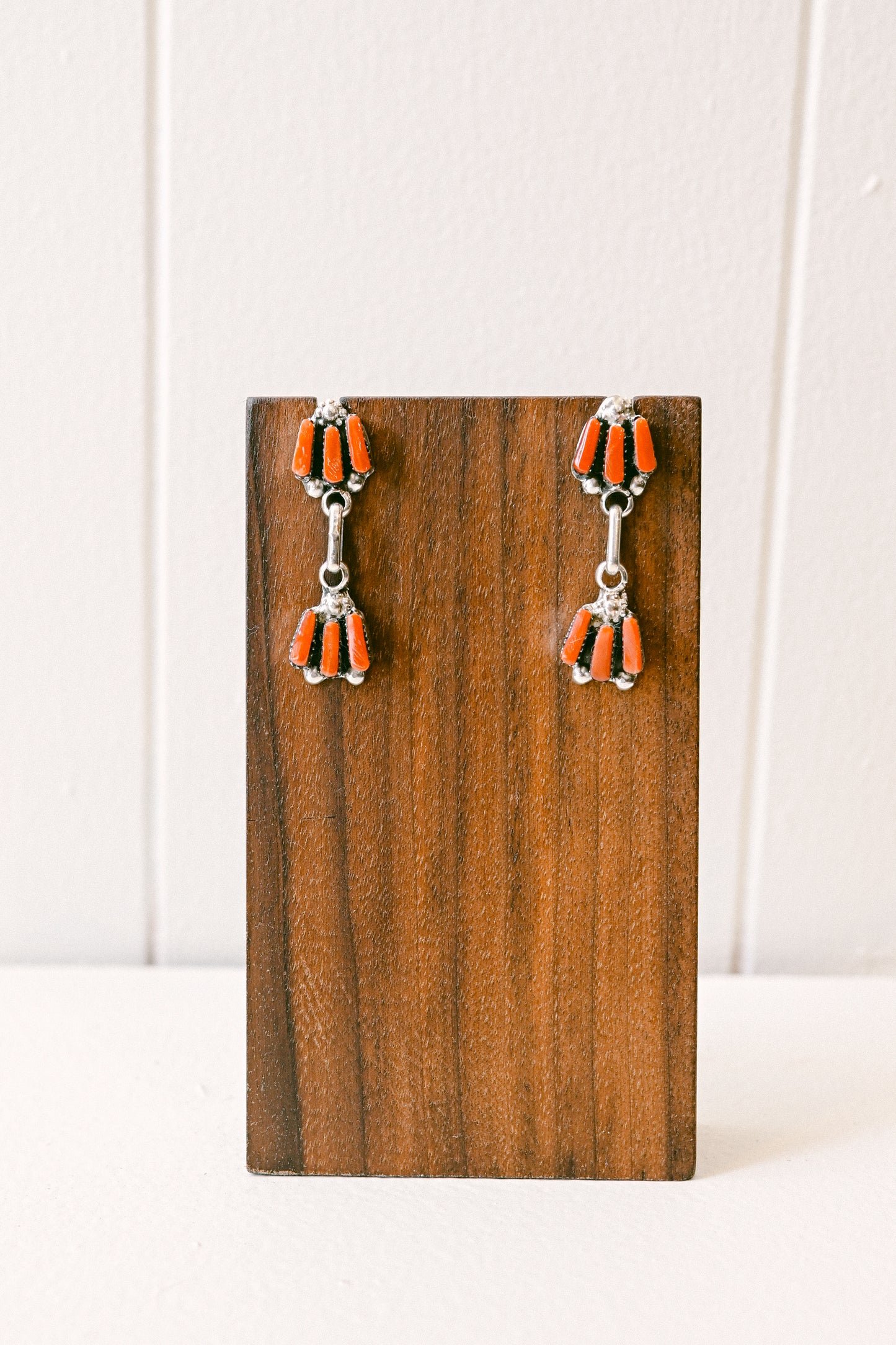 Charlene Hattie Zuni Coral Needlepoint Sterling Silver Drop Earrings