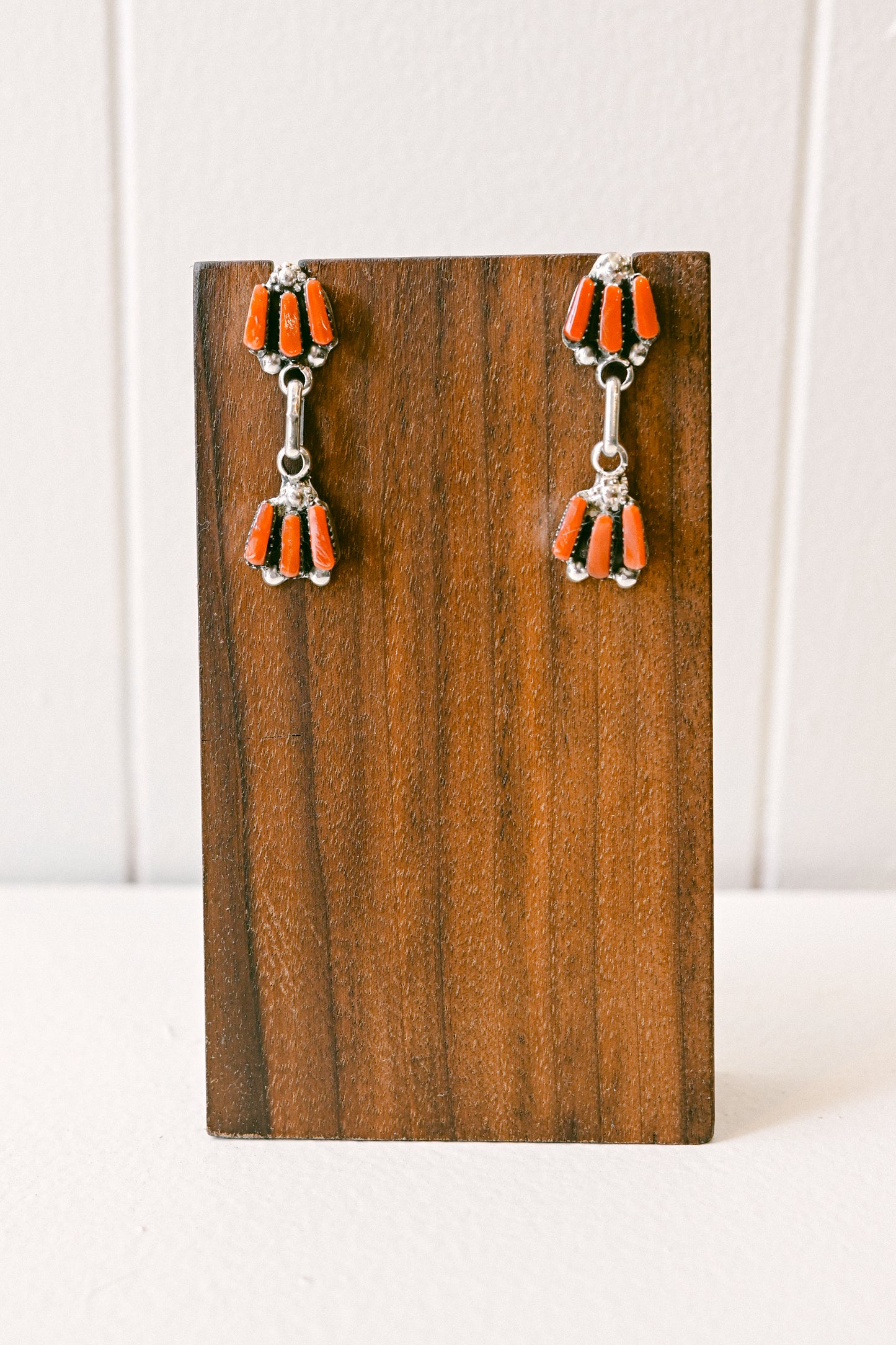 Charlene Hattie Zuni Coral Needlepoint Sterling Silver Drop Earrings