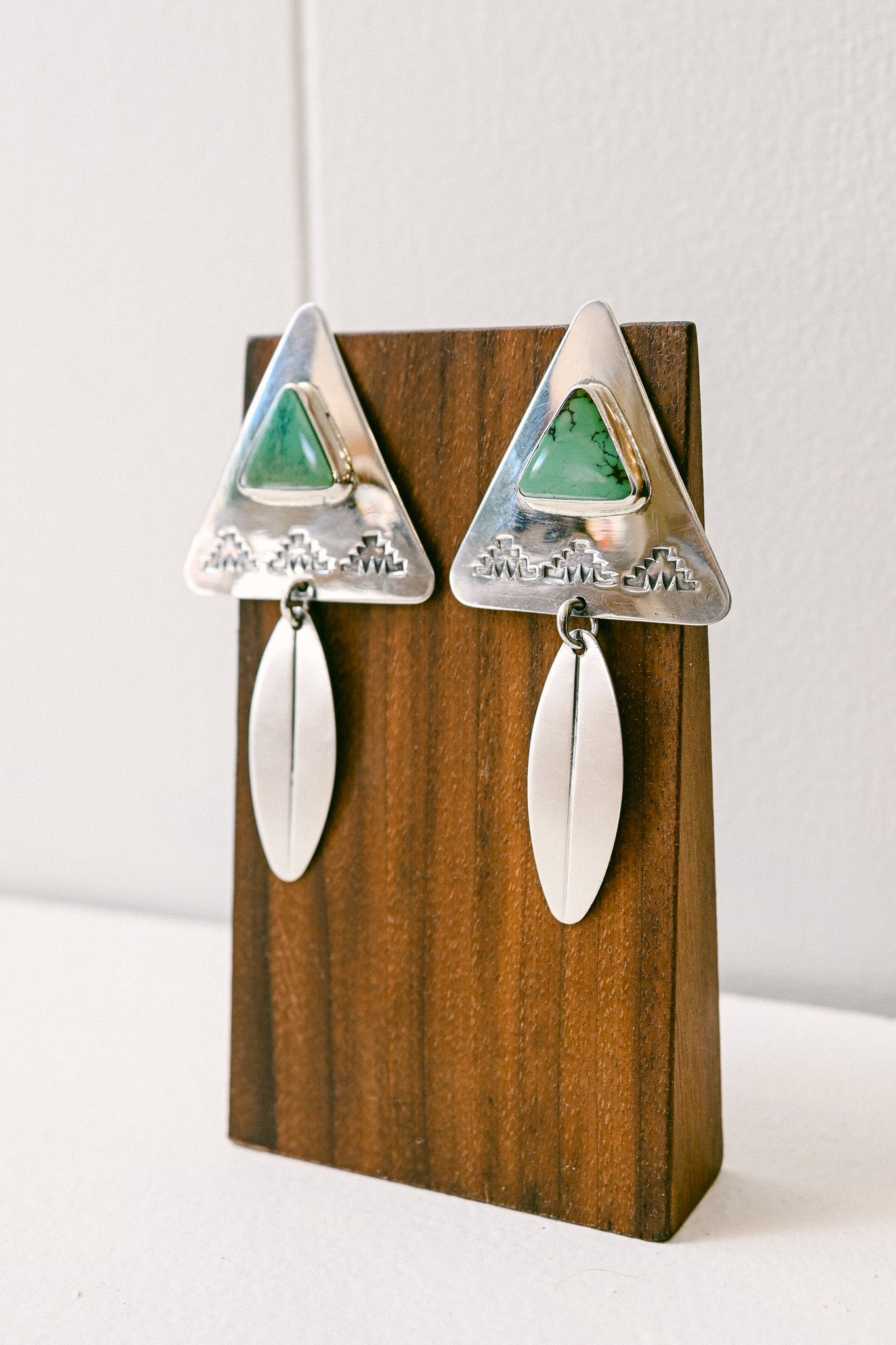 Harold Joe Navajo Variscite Sterling Silver Triangle and Leaf Earrings