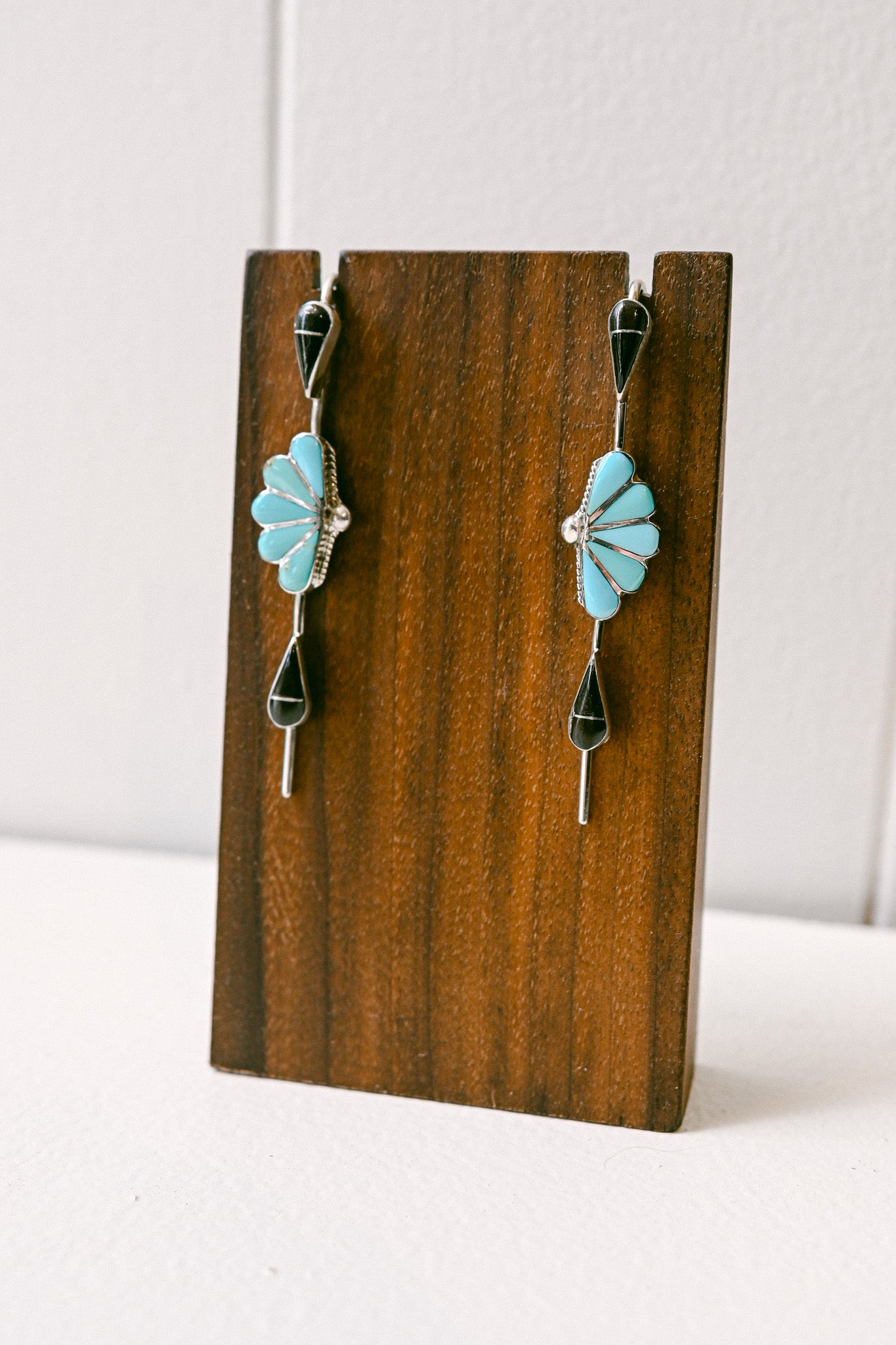 Velda Nastacio Zuni Turquoise and Onyx Sterling Silver Art Deco Earrings