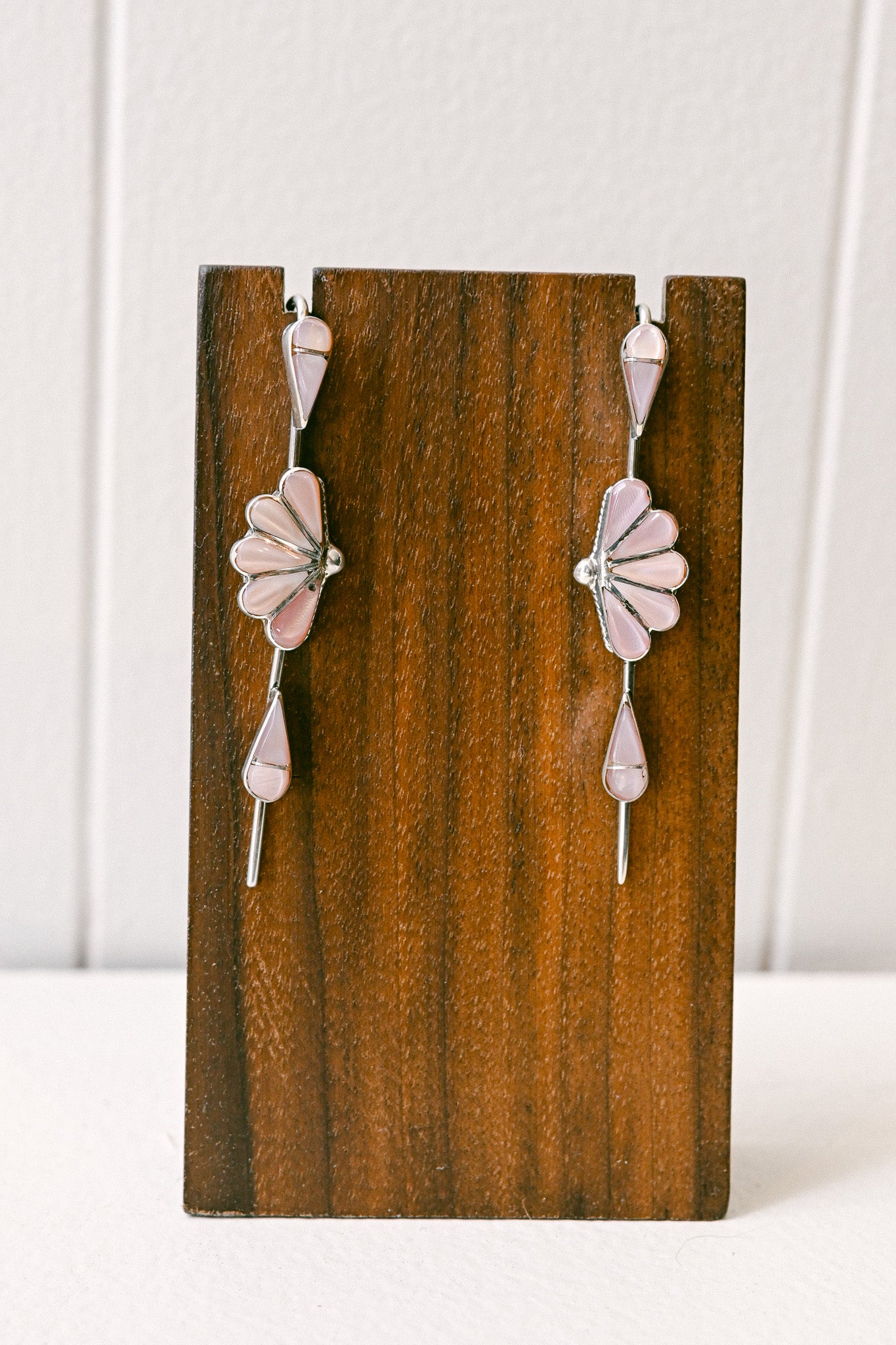 Velda Nastacio Zuni Pink Mother of Pearl Sterling Silver Art Deco Earrings