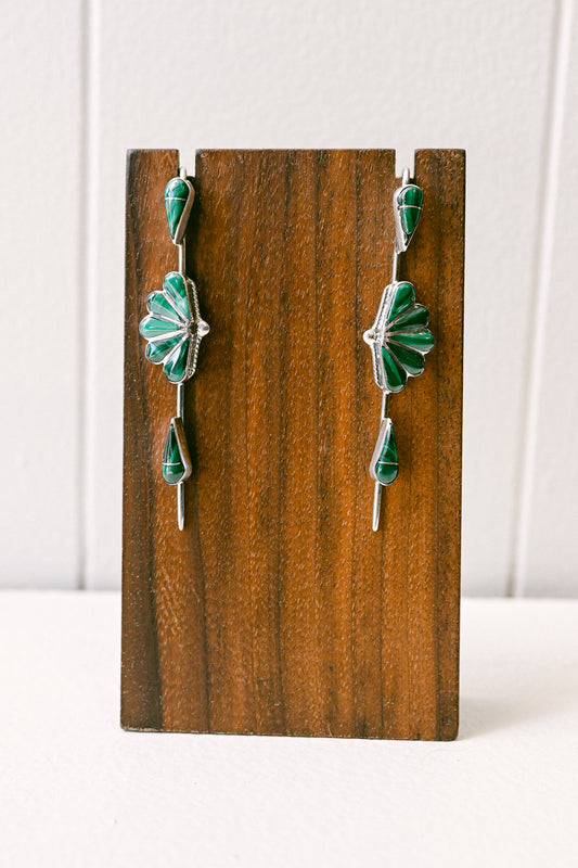 Velda Nastacio Zuni Malachite Sterling Silver Art Deco Earrings