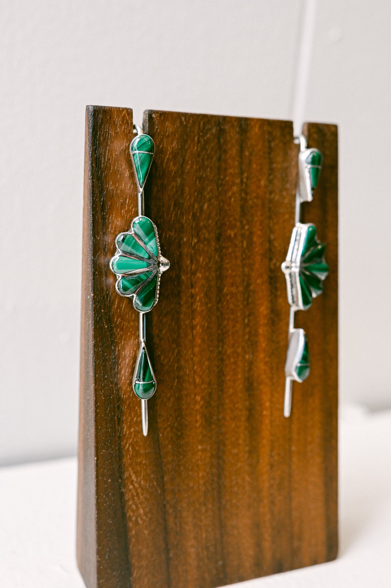 Velda Nastacio Zuni Malachite Sterling Silver Art Deco Earrings