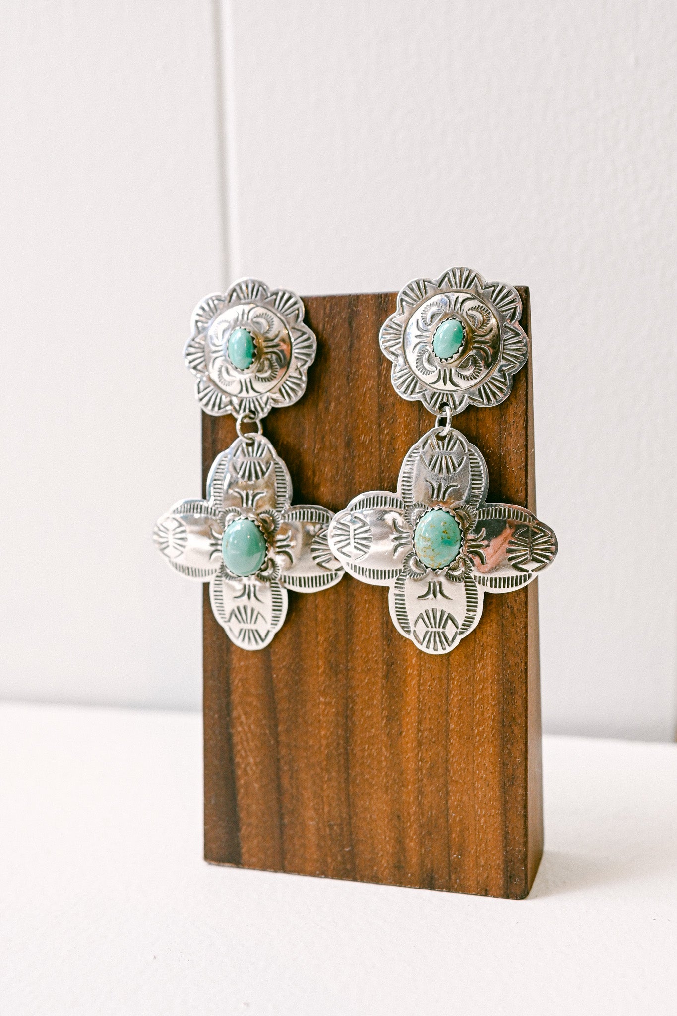 Bertha Begay Navajo Turquoise Stamped Sterling Silver Drop Earrings