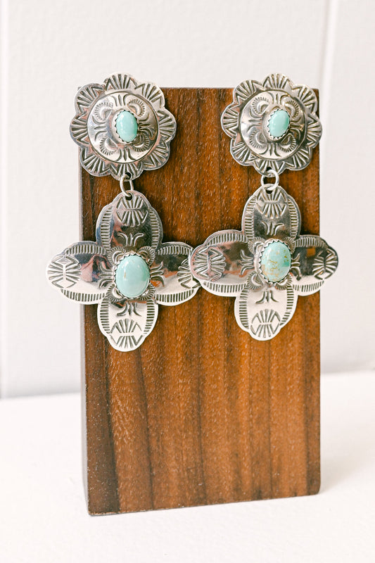 Bertha Begay Navajo Turquoise Stamped Sterling Silver Drop Earrings