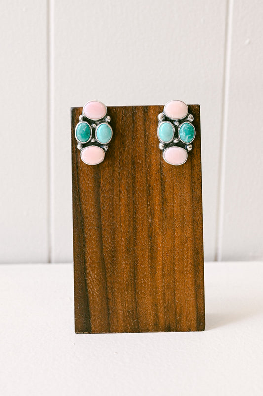 Charlene Yazzie Navajo Pink Conch and Turquoise Sterling Silver Post Earrings