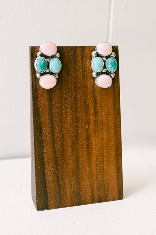 Charlene Yazzie Navajo Pink Conch and Turquoise Sterling Silver Post Earrings
