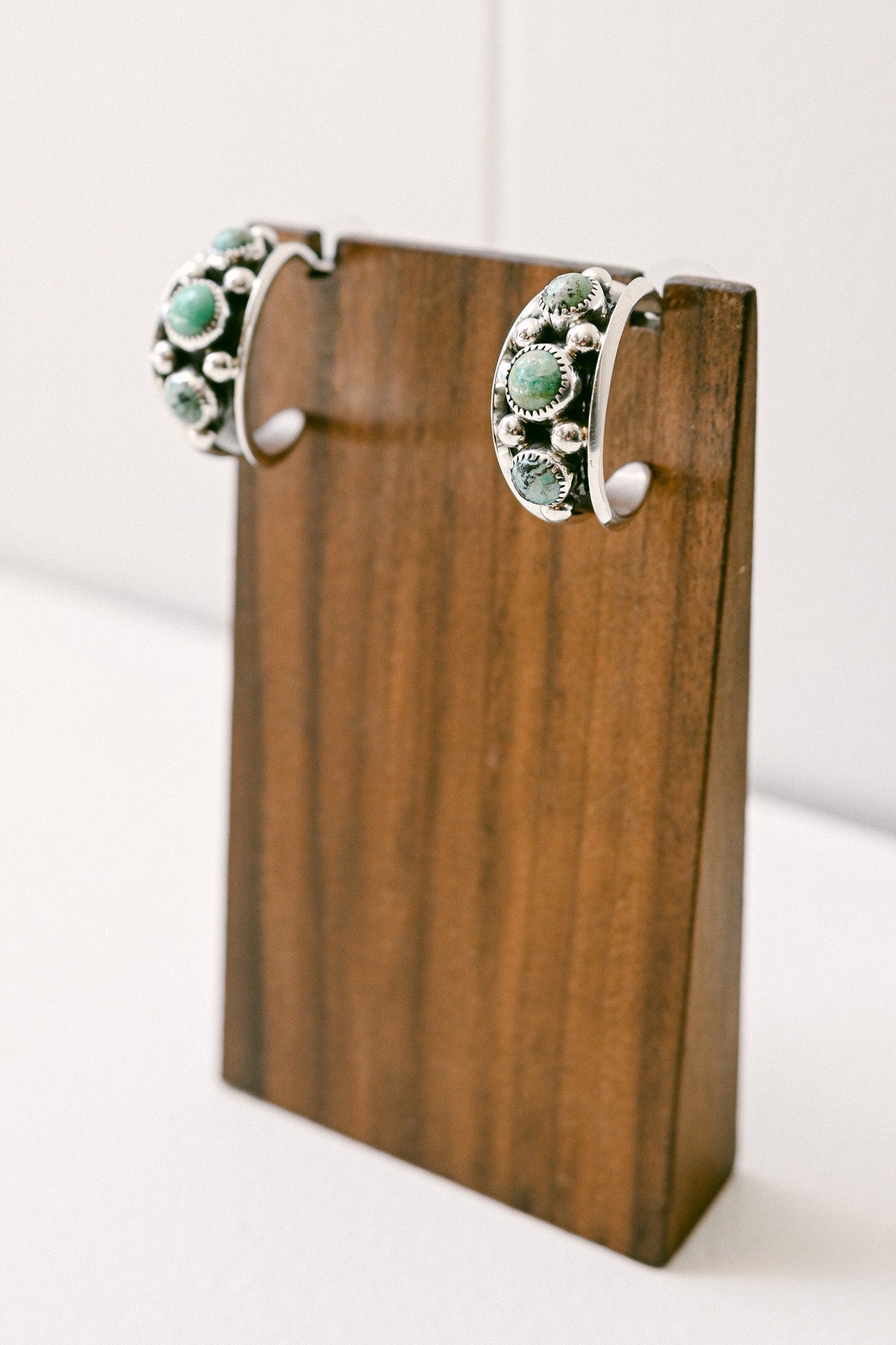 Navajo Sterling Silver Hoops with Three Turquoise Stones