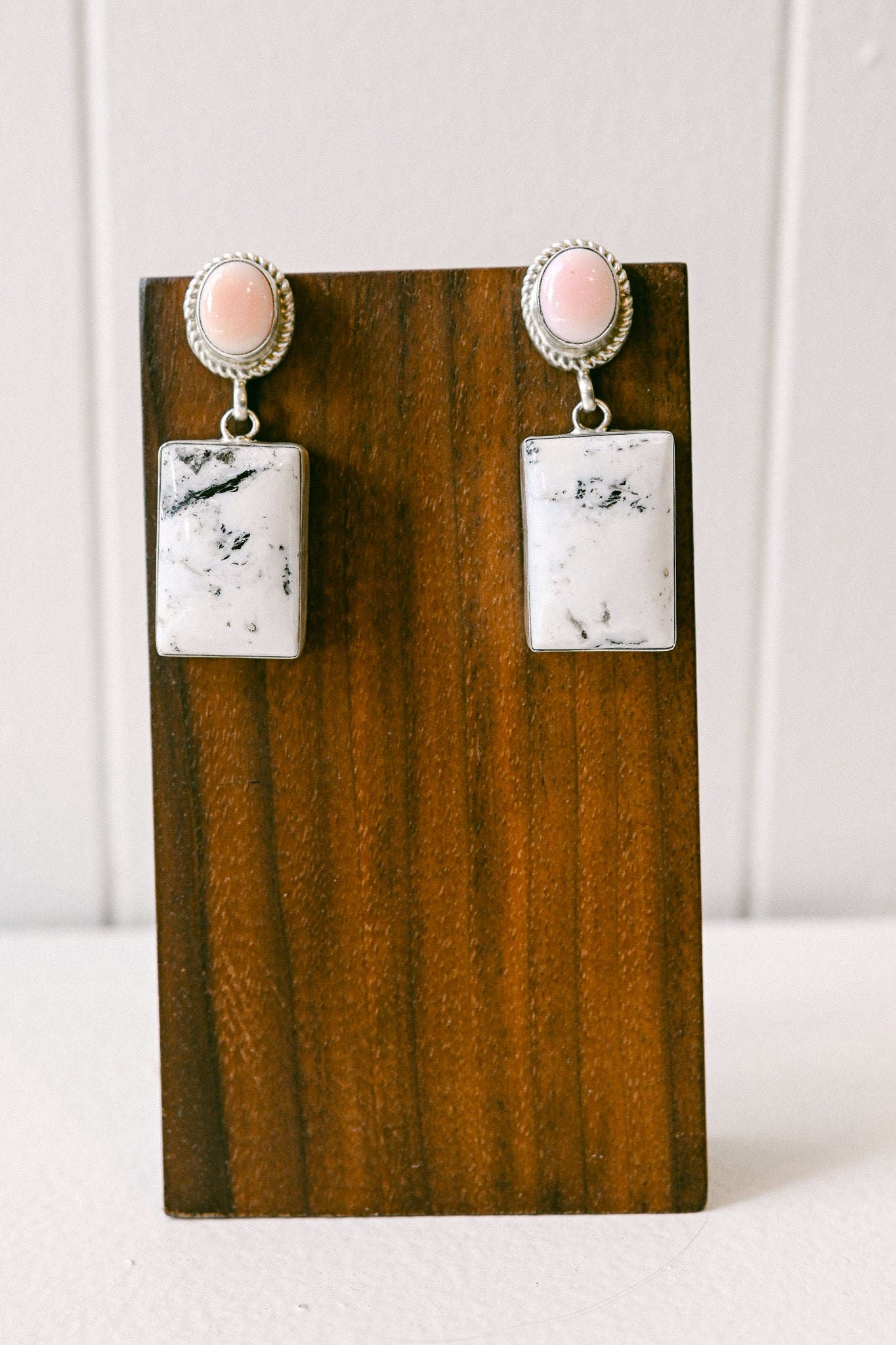 Percy Spencer Navajo Pink Conch and White Buffalo Sterling Silver Drop Earrings