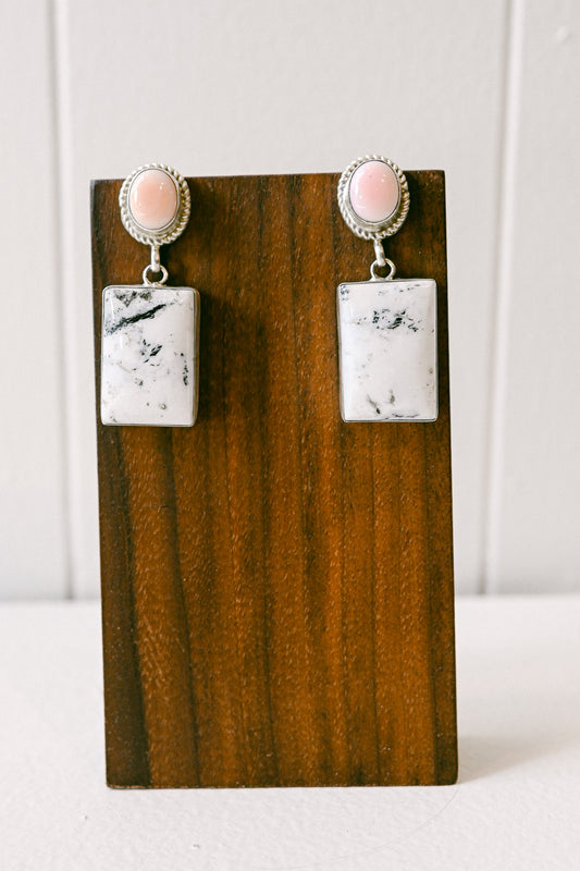 Percy Spencer Navajo Pink Conch and White Buffalo Sterling Silver Drop Earrings