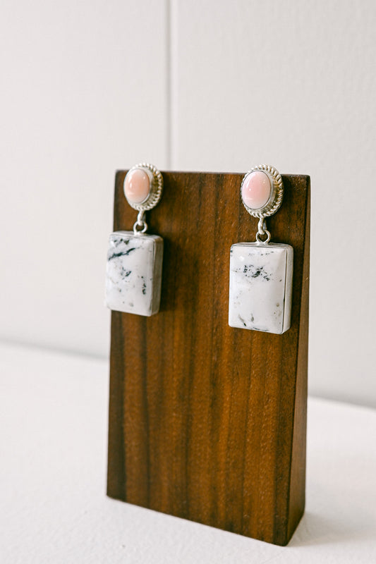 Percy Spencer Navajo Pink Conch and White Buffalo Sterling Silver Drop Earrings