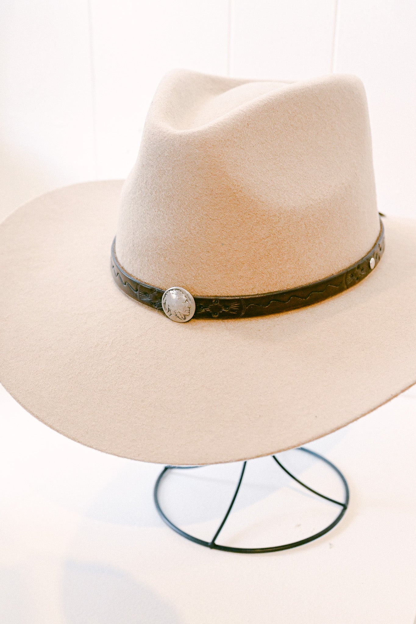 Stamped Leather Hat Band with Buffalo Nickel