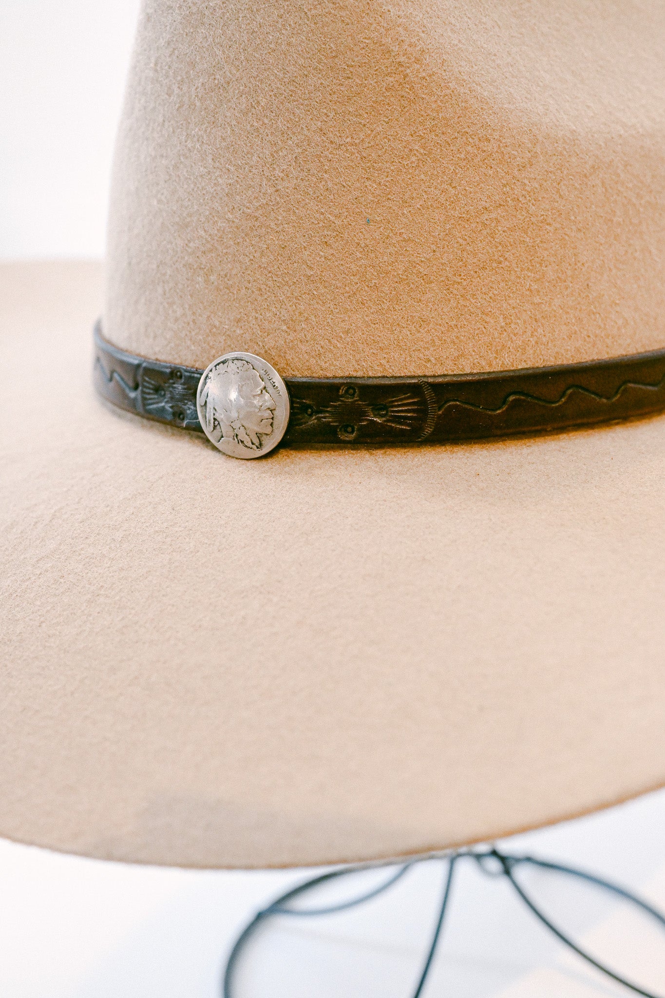 Stamped Leather Hat Band with Buffalo Nickel
