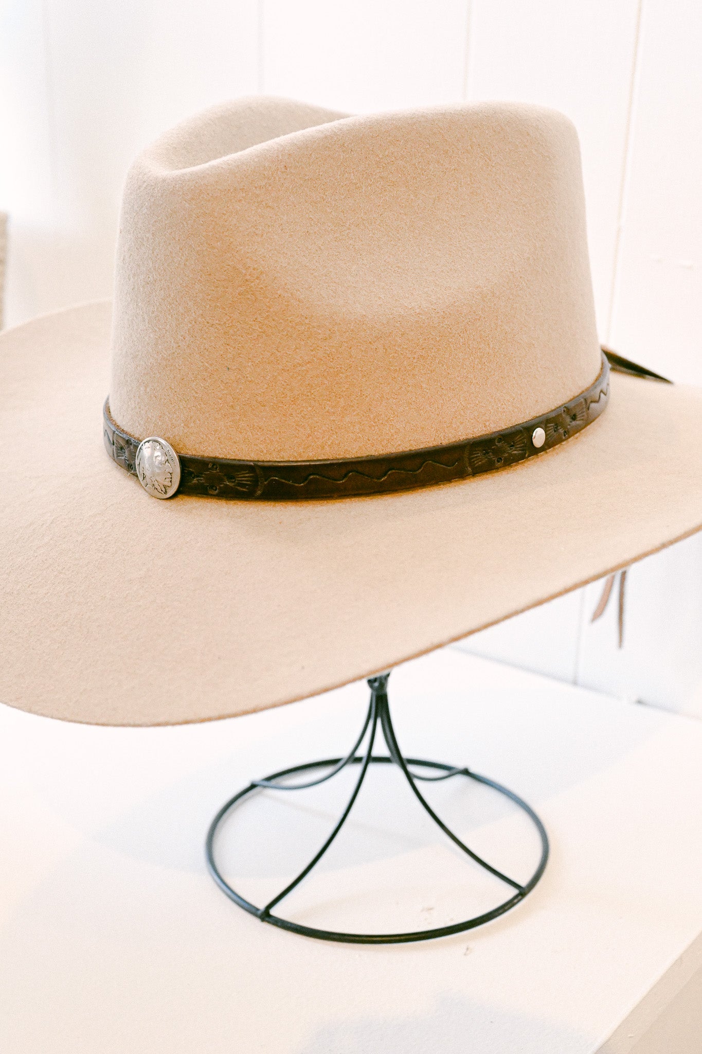 Stamped Leather Hat Band with Buffalo Nickel
