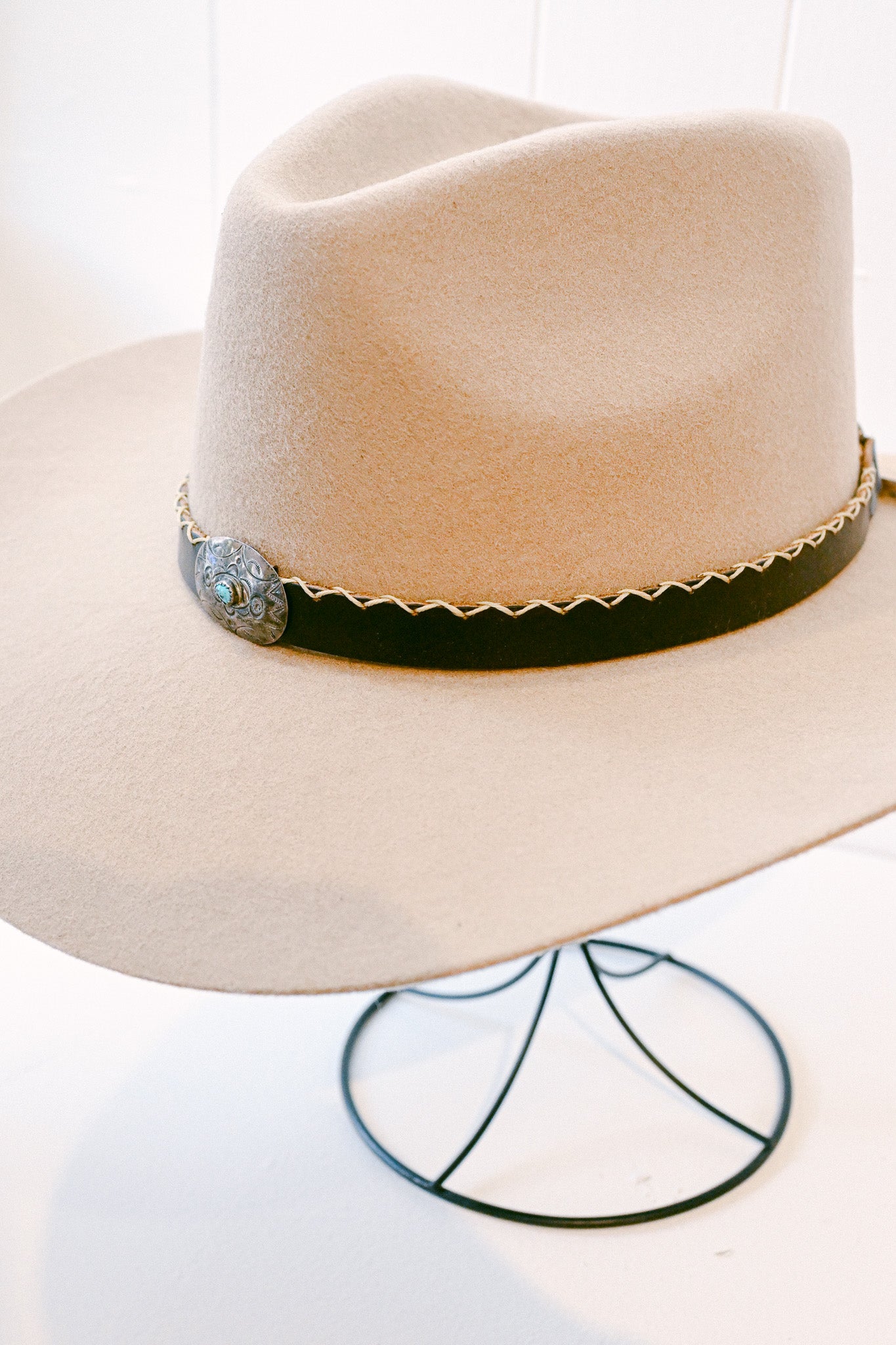 Stitched Leather Hat Band with Navajo Sterling Silver & Turquoise Concho