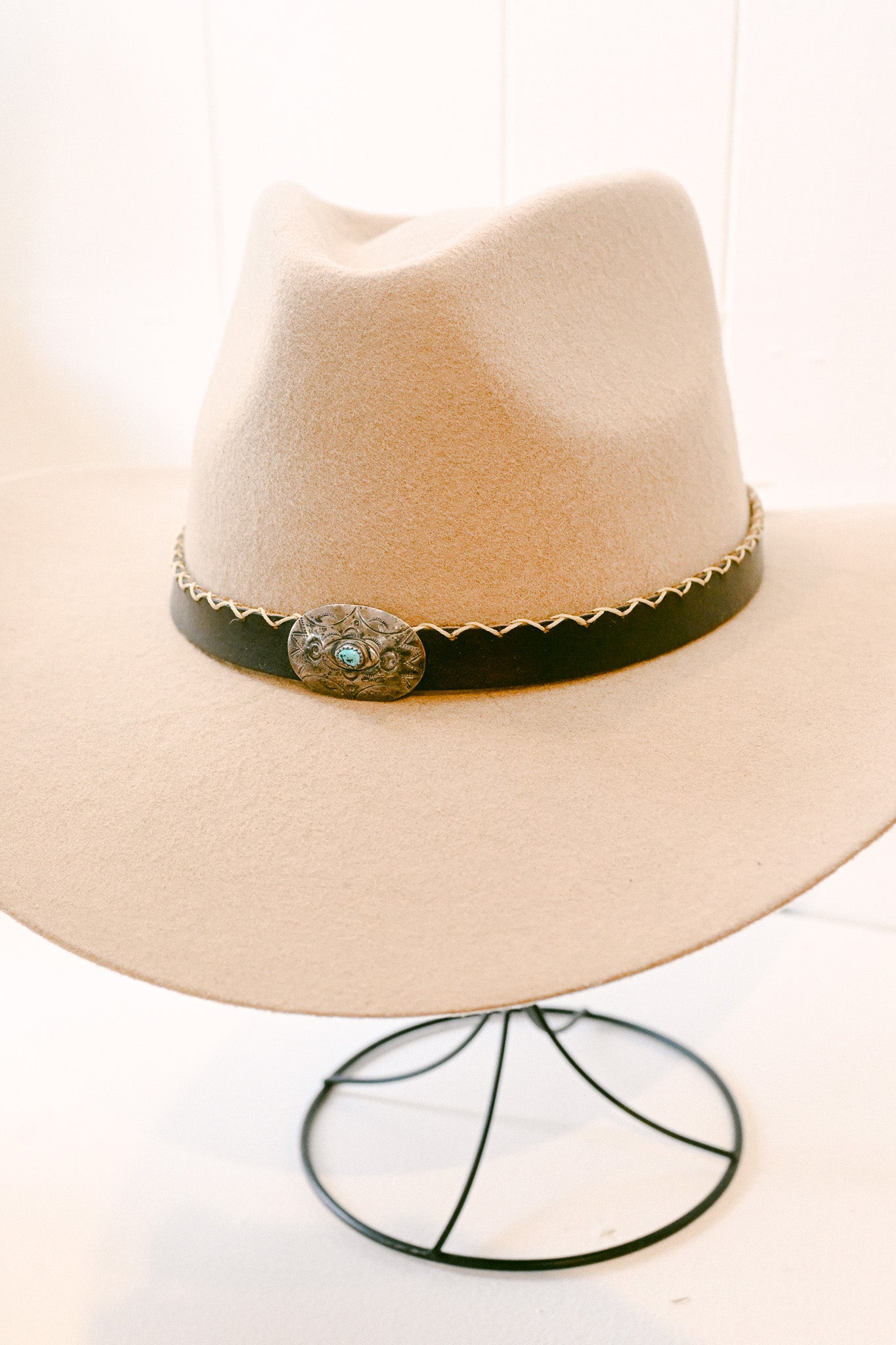 Stitched Leather Hat Band with Navajo Sterling Silver & Turquoise Concho