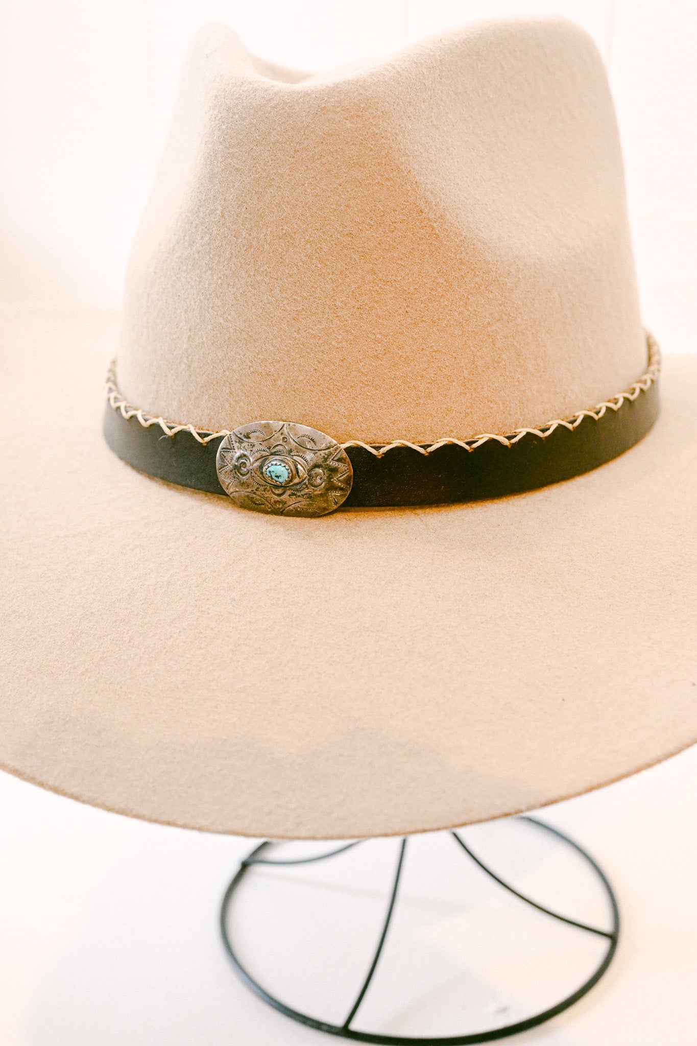 Stitched Leather Hat Band with Navajo Sterling Silver & Turquoise Concho