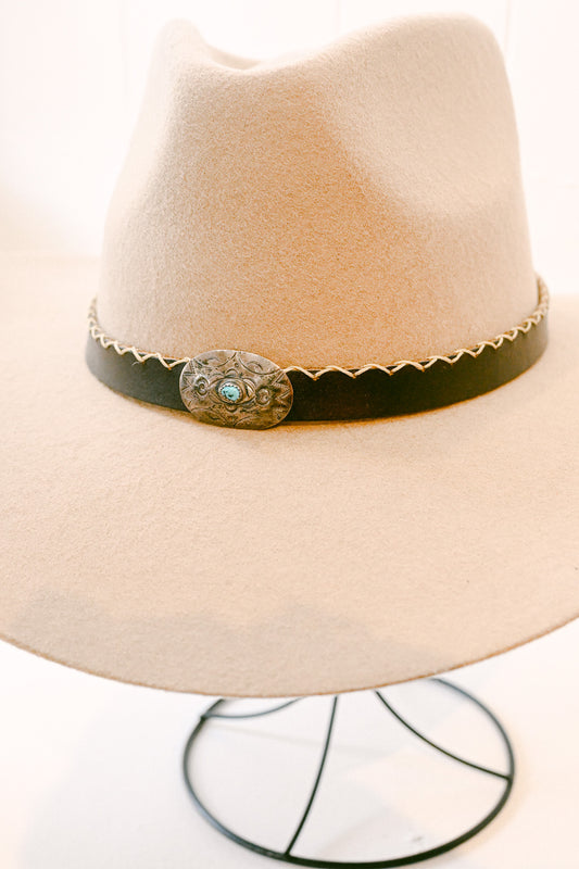 Stitched Leather Hat Band with Navajo Sterling Silver & Turquoise Concho